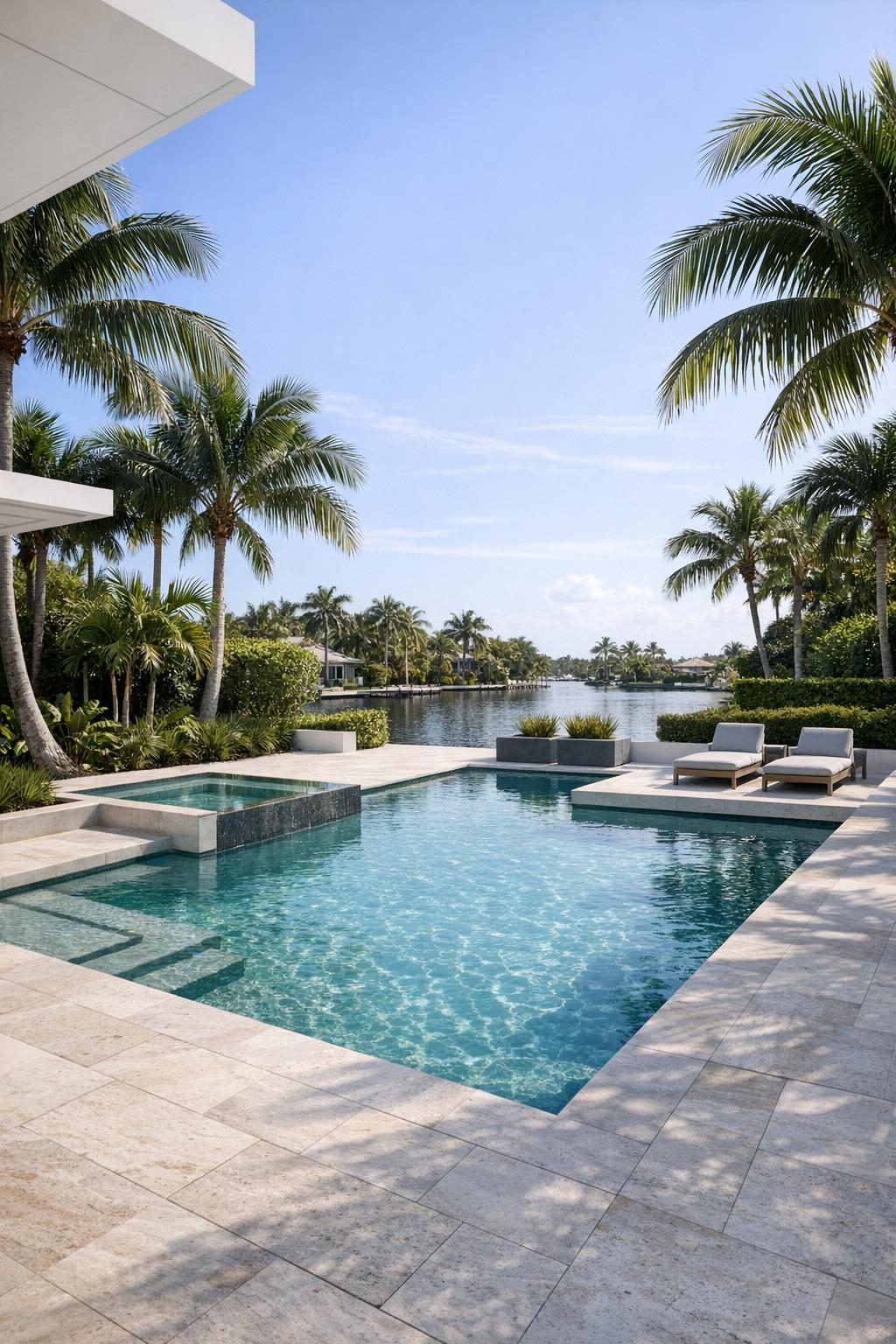 a completed pool with palm trees